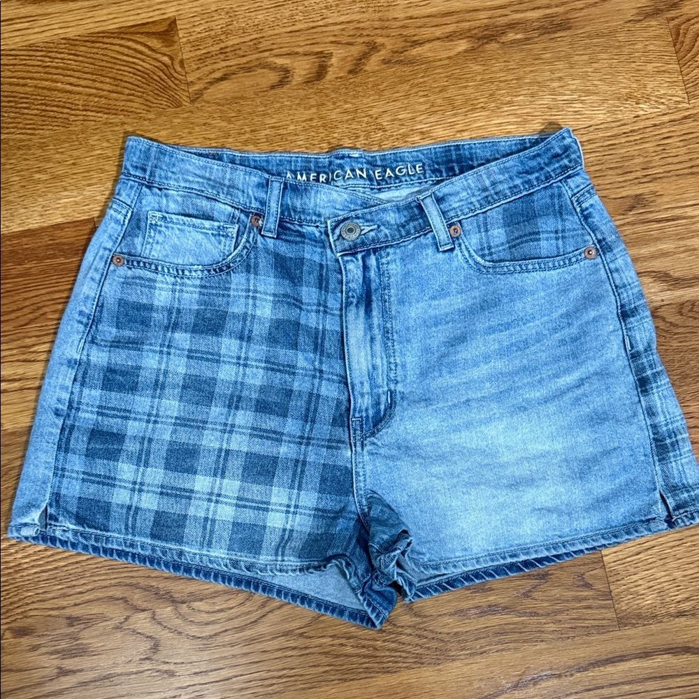 American Eagle Patchwork Denim Shorts Plaid Panel High Rise Size 8 Y2K